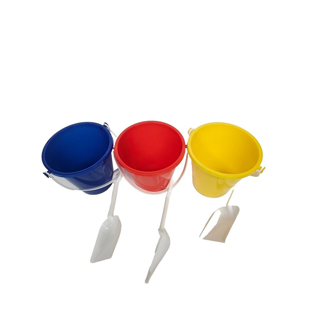 New Lot of 3 approx. 5.5" Sand Buckets Pails with Shovels (red, blue and yellow)